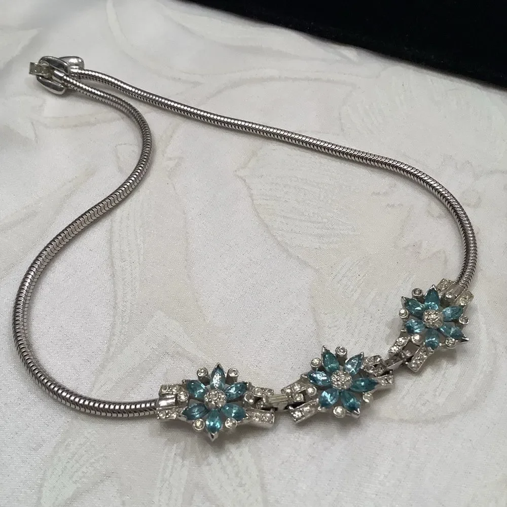 Vintage Silver Necklace With Rhinestone Flowers - Picture 4 of 8